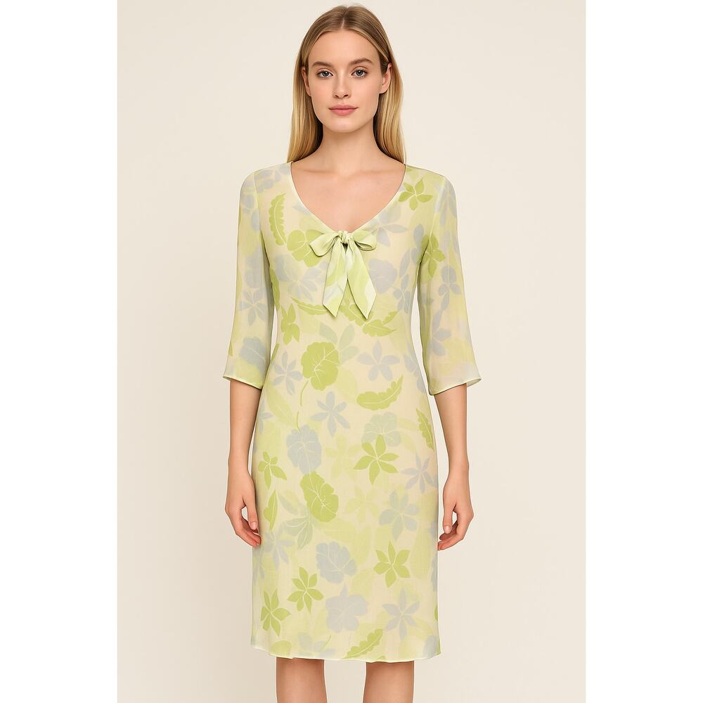 Vintage ICE Green Silk Floral Dress with Bow Size S